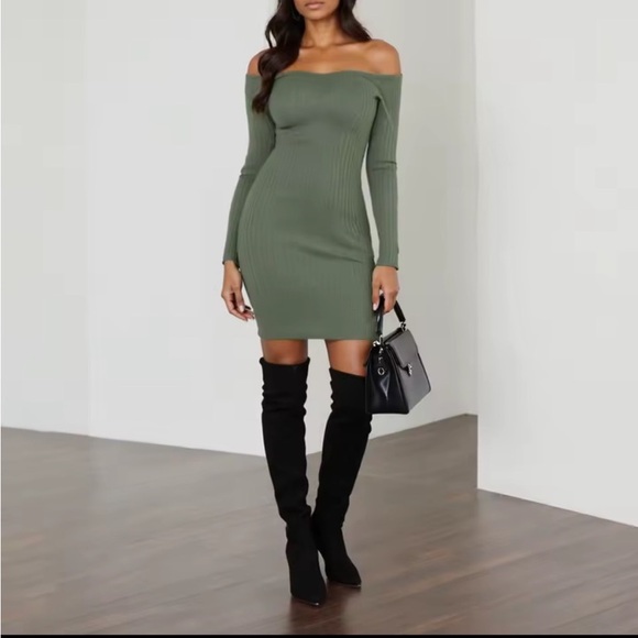 Elegant Olive Long Sleeve Off-Shoulder Dress - Picture 2 of 5